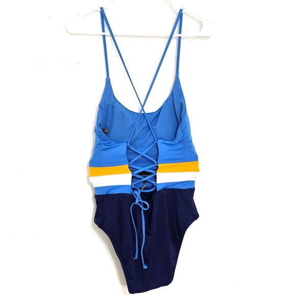 BCA by Rebecca Virtue Palo Alto One Piece Swimsuit Deep Water Blue Yellow White - Picture 4 of 7
